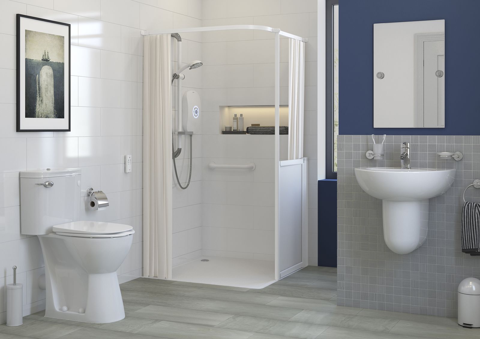Accessible bathroom with level-access shower by AKW